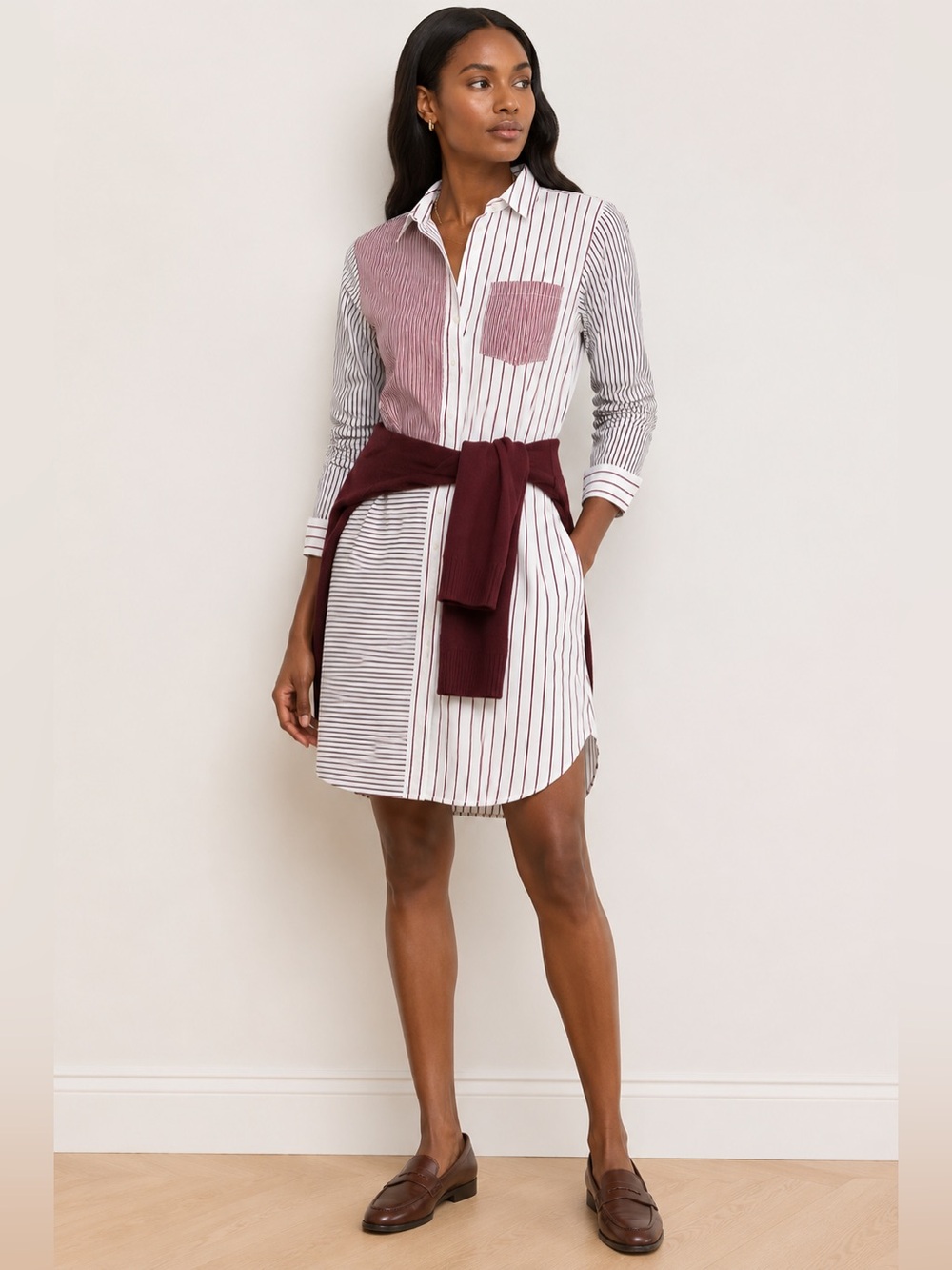Lauren Ralph Lauren Striped Patchwork Shirt Dress Maroon White Women Size M